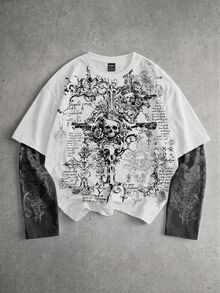 ROMWE MEN Goth Men's Printed Pattern 2 In 1 Loose Long Sleeve T-Shirt - White - View 1