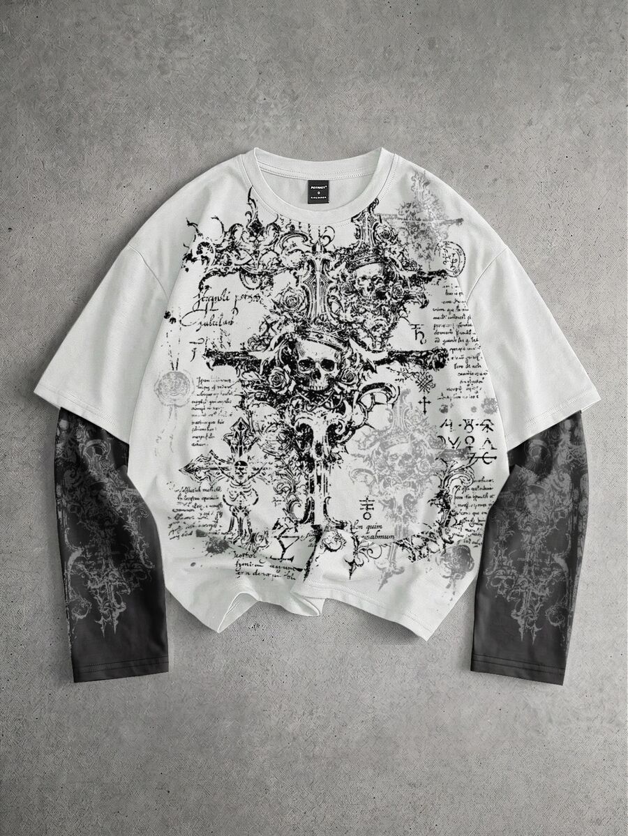ROMWE MEN Goth Men's Printed Pattern 2 In 1 Loose Long Sleeve T-Shirt - White - View 1