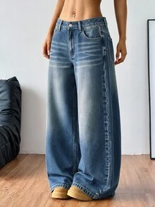 Coolane Women's Casual Denim Jeans With Pockets, Loose Wide Leg - Black - View 5