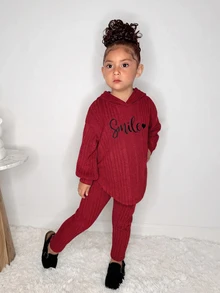 2pcs/Set Young Girl Fashion Casual Drop Shoulder Ribbed Knit "Smile" Graphic T-Shirt And Leggings, Pink Outfit Girls Girls Ribbed Set Girls Fall Sets Girls Comfy Set Girl Sweat Suit Set - Burgundy - View 3