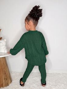 2pcs/Set Young Girl Fashion Casual Drop Shoulder Ribbed Knit "Smile" Graphic T-Shirt And Leggings, Pink Outfit Girls Girls Ribbed Set Girls Fall Sets Girls Comfy Set Girl Sweat Suit Set - Green - View 2