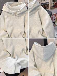 Resyla Women's Autumn/Winter Casual Versatile Thick Fleece Solid Color Heart Button Design Hooded Long Sleeve Sports Sweatshirt - Light Grey - View 5