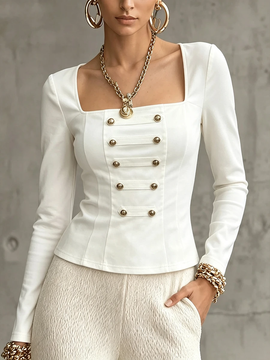 SHEIN 小眾設計修身長袖方領襯衫,百搭款 - 白色 - 查看 1