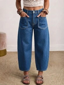 EMERY ROSE Plus Size Women's Casual Daily Denim Jeans With Pockets And Buttons - Blue - View 3