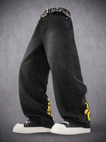 Manfinity Denimwave 男士 New York 休閒街頭印花黑色水洗丹寧直筒喇叭牛仔褲 - 黑色 - 查看 2