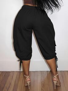Slaydiva Plus Size Casual Versatile Ruched Tie-Up Capri Pants - Black - View 3