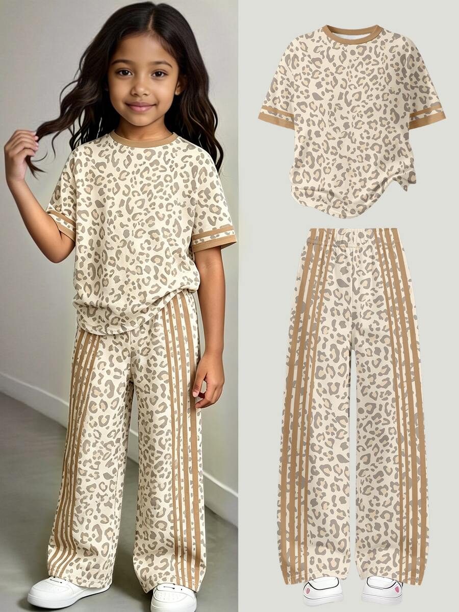 Girls Casual Fashion Fresh Beige Leopard Print & Light Brown Striped Pattern Basic Short T-Shirt & Leopard Print Wide Leg Pants Set - Multicolor - View 1