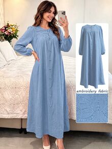 Al Najma Spring/Autumn Round Neck Front Button Embroidered Patchwork Textured Blue Dress  Blue Dress Saudi National Day Fall/Winter Vacation  Traditional - Blue - View 4
