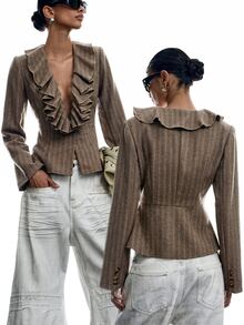 LYSMO Women's Striped Deep V-Neck Ruffle Trim Fashion Versatile Overcoat Autumn Clothes Night Out Outfit - Khaki - View 9