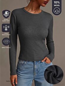 SHEIN BASICS 女款純色修身百搭日常長袖T恤 工作穿搭 炭灰色 秋冬休閒 - 黑色 - 查看 2