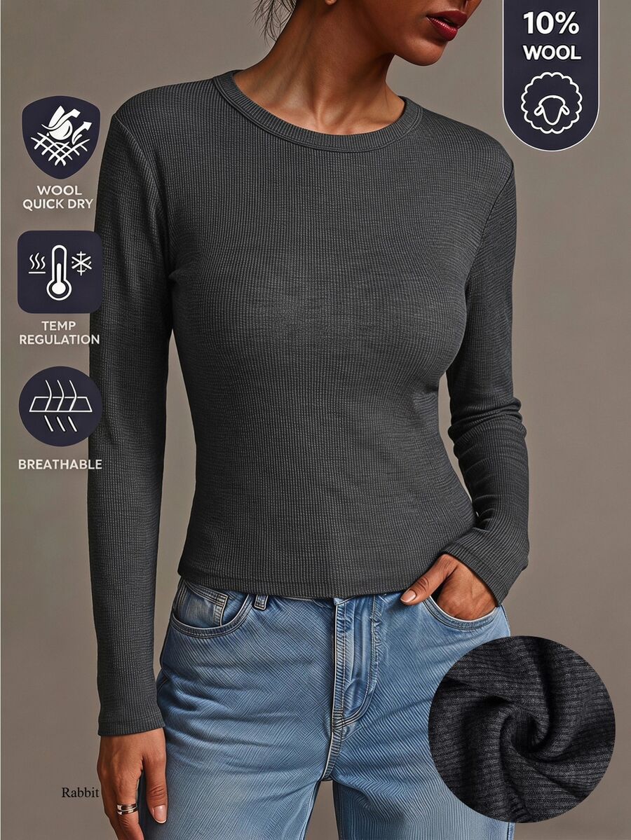 SHEIN BASICS Women's Solid Color Fitted Versatile Everyday Long Sleeve T-Shirt Work Charcoal Gray Autumn Casual - Black - View 1