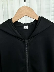 秋冬女款連帽拉鍊外套 混搭街頭風運動衫 秋季保暖針織面料 秋冬衣著 - 黑色 - 查看 6