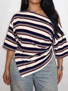 Slaydiva Casual Minimalist Striped Print Pattern Plus Size T-Shirt Suitable For Autumn - Multicolor - View 1