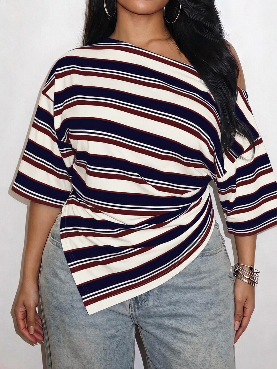 Slaydiva Casual Minimalist Striped Print Pattern Plus Size T-Shirt Suitable For Autumn - Multicolor - View 1
