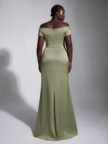 Elitara Plus Size Elegant Luxurious Sage Green Elastic Satin Ruched Off Shoulder Mermaid Dress For Wedding Formal Party, Vacation, Ball, Evening Event, Autumn - Green - View 4