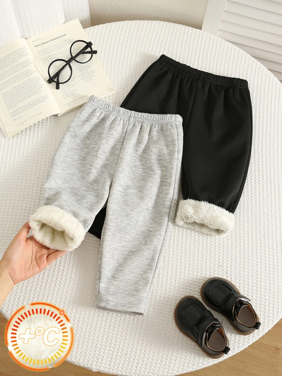 SHEIN 2pcs Baby Boy Solid Color Versatile Comfortable Elastic Waist Long Pants Set, All-Match Long Pants Multi-Pack, Infant Autumn/Winter Fleece Lined Long Pants - Multicolor - View 1