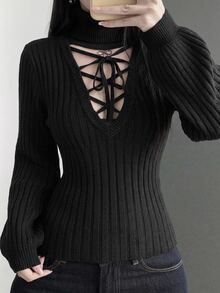DAZY Women's Slim Fit Elastic Pullover Knit Sweater, High Neck Tie Hollow Out Long Sleeve Casual Vacation Sexy Korean Style Autumn/Winter Knit Sweater - Black - View 1