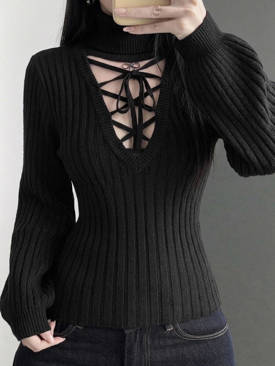 DAZY Women's Slim Fit Elastic Pullover Knit Sweater, High Neck Tie Hollow Out Long Sleeve Casual Vacation Sexy Korean Style Autumn/Winter Knit Sweater - Black - View 1