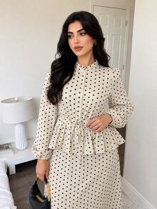 Solavon Plus Size Women's Polka Dot Pattern Ruffle Hem Blouse And Skirt Elegant Two Pieces Set - Apricot - View 6