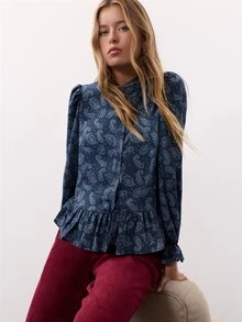 Nöista Paisley Print Blouse With Mao Collar And Ruffle Details. Fall Winter, Elegant, Weekend, Everyday. - Blue - View 1