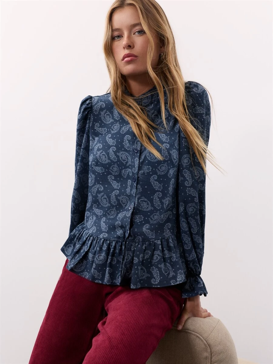 Nöista Paisley Print Blouse With Mao Collar And Ruffle Details. Fall Winter, Elegant, Weekend, Everyday. - Blue - View 1