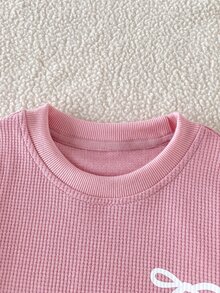 SHEIN 女童2件套，蝴蝶結裝飾，側縫配色條紋裝飾，寬腿褲，可愛簡約休閒風，適合日常休閒、運動、度假 - 粉色 - 查看 8