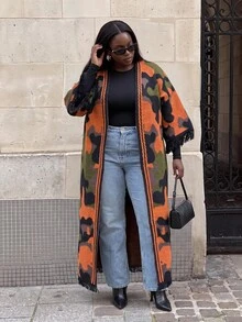Slaydiva Plus Size Women's Knit Kimono, Camo Color Block Fringe Trim Long Plus Size Knit Wrap Coat Fall - Multicolor - View 7