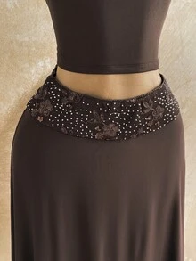 Soleia Women's Vacation Casual Sequin Patchwork Skirt - Brown - View 6
