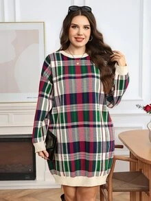 SHEIN LUNE Plus Size Women's Plaid Casual Everyday Knit Dress - Multicolor - View 6