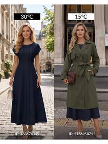 Editum 女款休閒雙排扣風衣外套，秋冬款 - 軍綠色 - 查看 10
