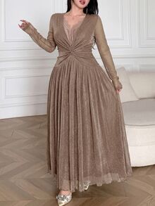 Feyla Plus Size Elegant Pleated Lace Patchwork Glitter Dress - Brown - View 5