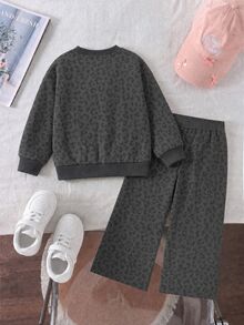 Baby Girl Fashion Casual Colorblock Letter & Leopard Print Crew Neck Long Sleeve Sweatshirt & Leopard Print Letter Wide Leg Pants Set, Soft Fabric, Suitable For Outings In Autumn/Winter - Multicolor - View 2