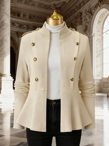 Rometta Women's Plus Size Spring/Autumn Casual Dressy Elegant Commute Office Formal Stand Collar Shoulder Epaulette Beige Button Ruffle Hem Jacket - Apricot - View 5