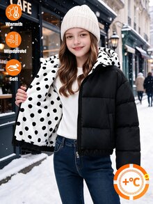 SHEIN Tween Girls Black Polka Dot Fleece Lining Hooded Winter Jacket School Club Cute Cool Girl - Baby Pink - View 3
