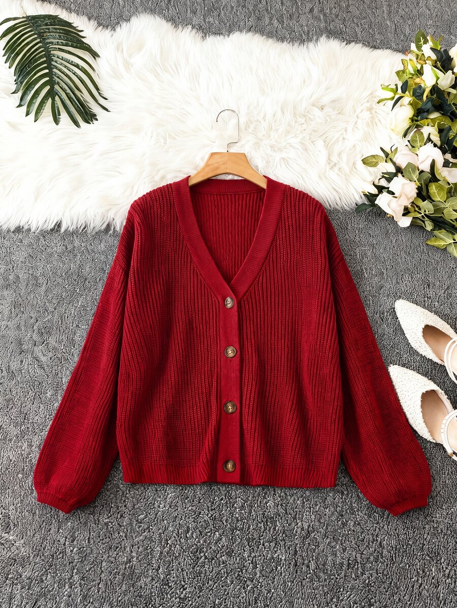 Selianne Spring/Summer Home White Lantern Sleeve Front Button Ribbed Loose Knit Cardigan - Red - View 1