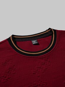 Manfinity Homme Men's Knitted Jacquard Solid Color Textured Collar And Cuffs Ribbed T-Shirt - Burgundy - View 5