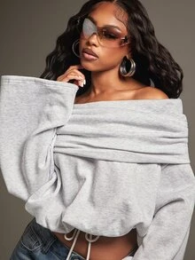 Denimoi Sweatshirt Multi Wear Off Shoulder High Neck Fashion Sweatshirt Lengan Panjang Nyaman Kasual Musim Gugur - Grey - View 3