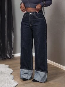 SHEIN Tall 女款高腰寬腿鬆垮休閒牛仔褲，附口袋 - 深色水洗藍 - 查看 2