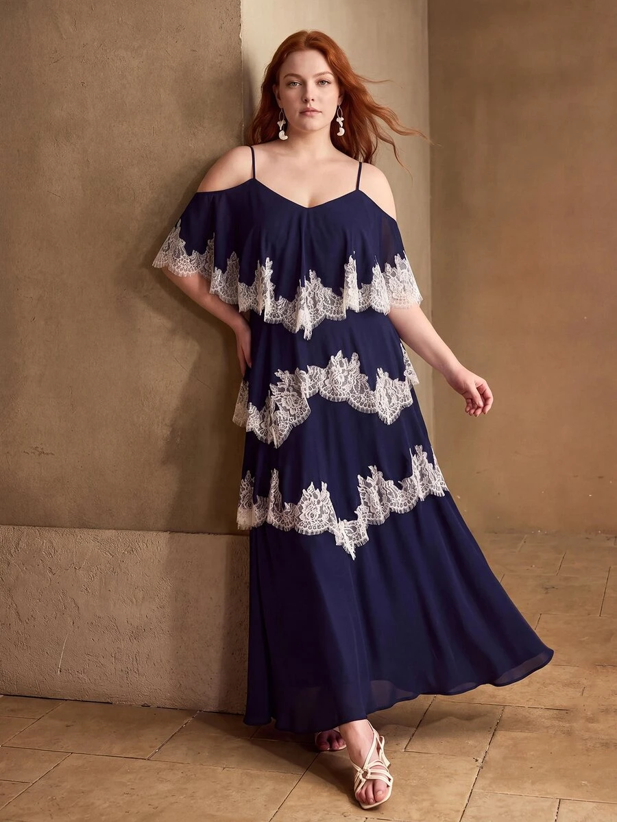 MOTF PREMIUM GAUN PANJANG MODEL KUE UNTUK UKURAN BESAR, MUSIM SEMI/PANAS, ELEGAN, ROMANTIS, UNTUK KENCAN, BERKUALITAS TINGGI, BERHIAS RENDA, PATCHWORK, TALI BAHU YANG DAPAT DISESUAIKAN, WARNA BIRU TUA, GAYA LIBURAN. - Navy Blue - View 1