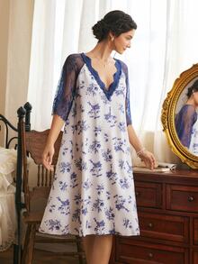Côtesoire 女款浪漫法式花卉蕾絲拼接寬鬆長款睡裙 - 藍色 - 查看 4