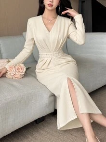 Feyla Commuter Luxury Slimming & Height-Enhancing Elegant Pearl Decorated Dress - Apricot - View 2