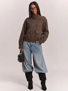 SHEIN BAE Coffee Brown Faux Suede Bomber Jacket, Stand Collar Zip Up With Flap Pockets Ribbed Hem, Casual Street Style Fall Winter Outerwear - Coffee Brown - View 5