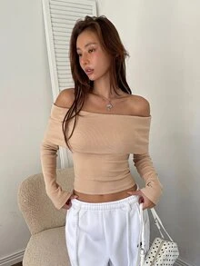 K-Vae Women's Minimalist Casual Sexy Cold Shoulder Sweater, Soft Fluffy Cold Shoulder Slim Fit Long Sleeve Knit Top Brunch Beige Autumn - Brown - View 6