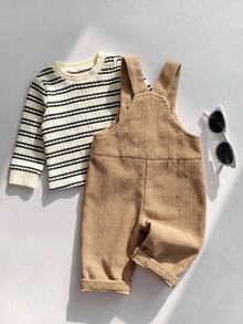 SHEIN 新生兒條紋圓領厚款彈性袖口套頭開肩按扣上衣 可調節肩帶 裝飾3D耳朵吊帶褲套裝 適合冬季 - 杏色 - 查看 3