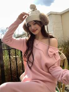 DAZY Women's Solid Color Bow Decor Asymmetric Shoulder Long Sleeve Sweater Fall - Pink - View 9