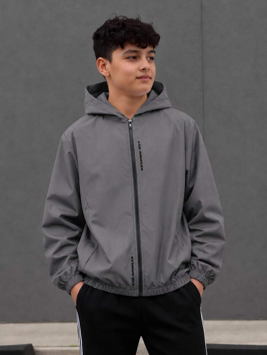 SHEIN 青少年男孩休閒字母圖案印花連帽夾克,輕量寬鬆版型拉鍊連帽外套 - 灰色 - 查看 1