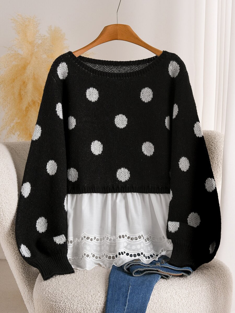 Elaquor Plus Size Autumn/Winter Casual Polka Dot Pattern Patchwork 2 In 1 Sweater - Multicolor - View 1