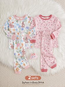 Cozy Pixies 4件裝女嬰休閒日常舒適碎花對比色圓領套頭睡衣上衣與長褲2件套，2套 - 粉色 - 查看 8