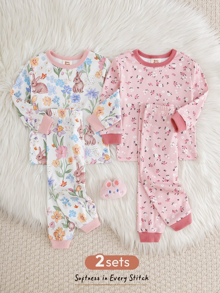 Cozy Pixies 4pcs Baby Girl Baby Girl Casual Daily Comfortable Ditsy Floral Contrast Color Round Neck Pullover Pajama Top And Long Pants 2 Pieces Set, 2 Sets - Pink - View 8