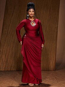 Maweii Women's Rhinestone Decorated Hollow Pleated Elegant Waist-Cinching Long Sleeve Dress Fall - Burgundy - View 7